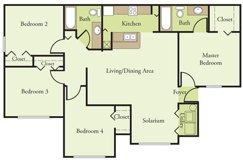 Floor plan for 4 beds, 2 baths, 1308 sqft